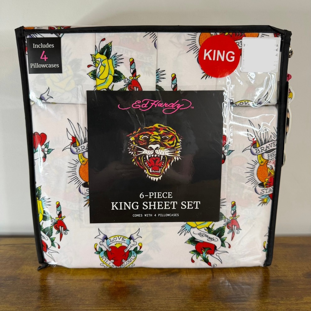 New Ed Hardy King 6 Pc Double Brushed Sheet Set White Heart Roses Bedding Y2K